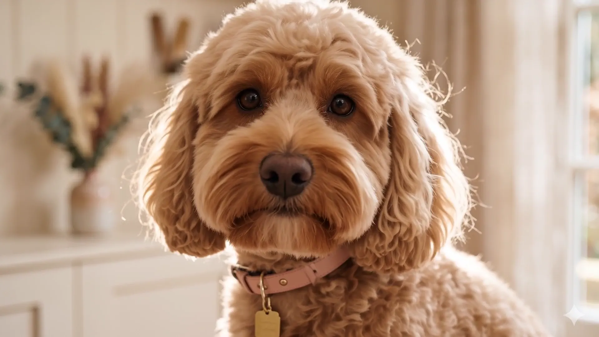 A freshly groomed apricot cockapoo sitting tall on a blush velvet cushion in the morning light of The Grooming Boutique