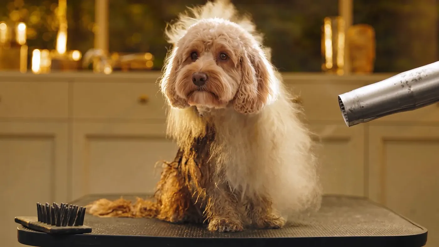 Apricot coat mid blow-dry, fur lifting and glowing translucent in warm light — from The Grooming Boutique brand film