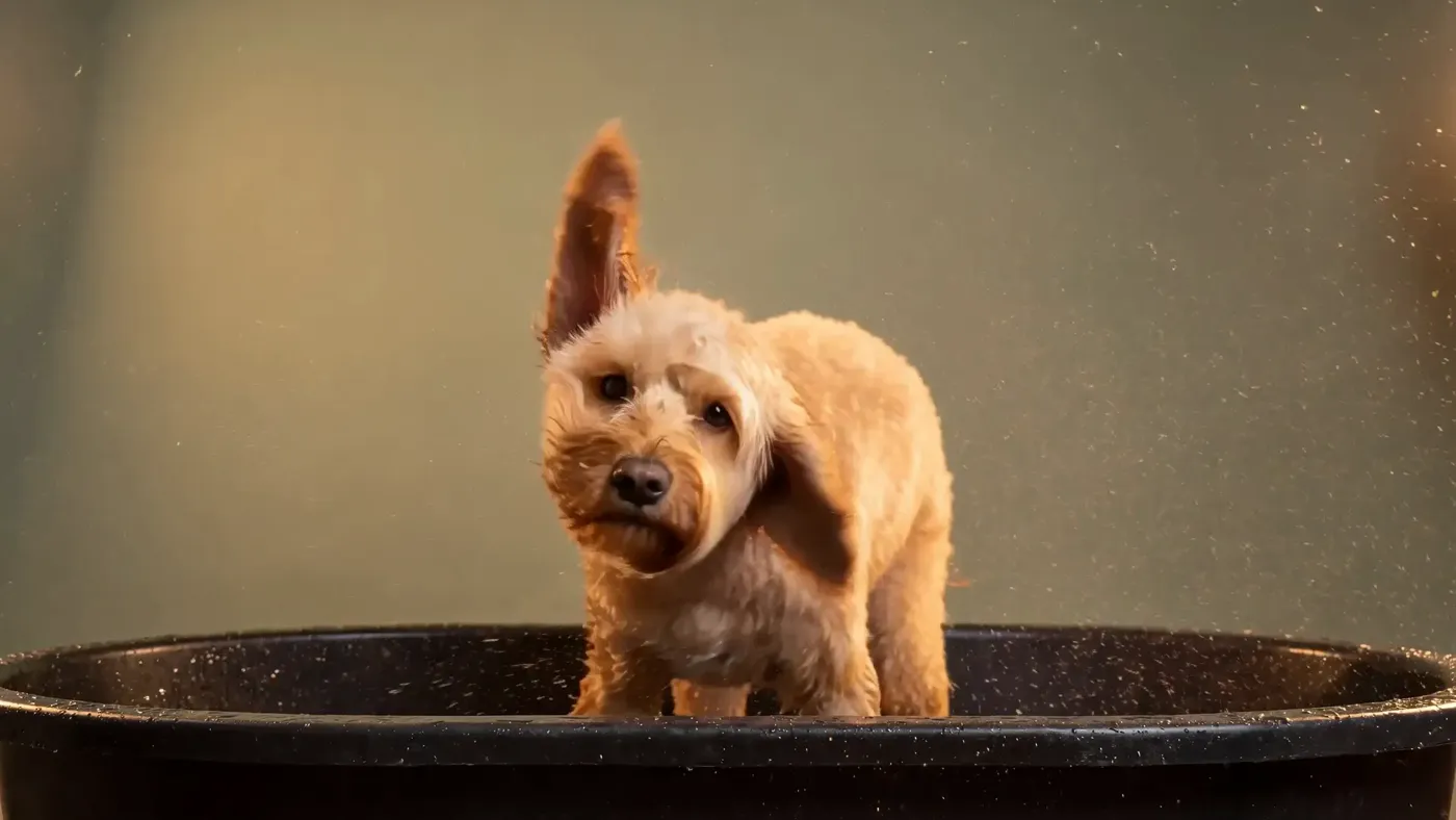 Dog mid-shake, water droplets frozen in warm backlight — from The Grooming Boutique brand film