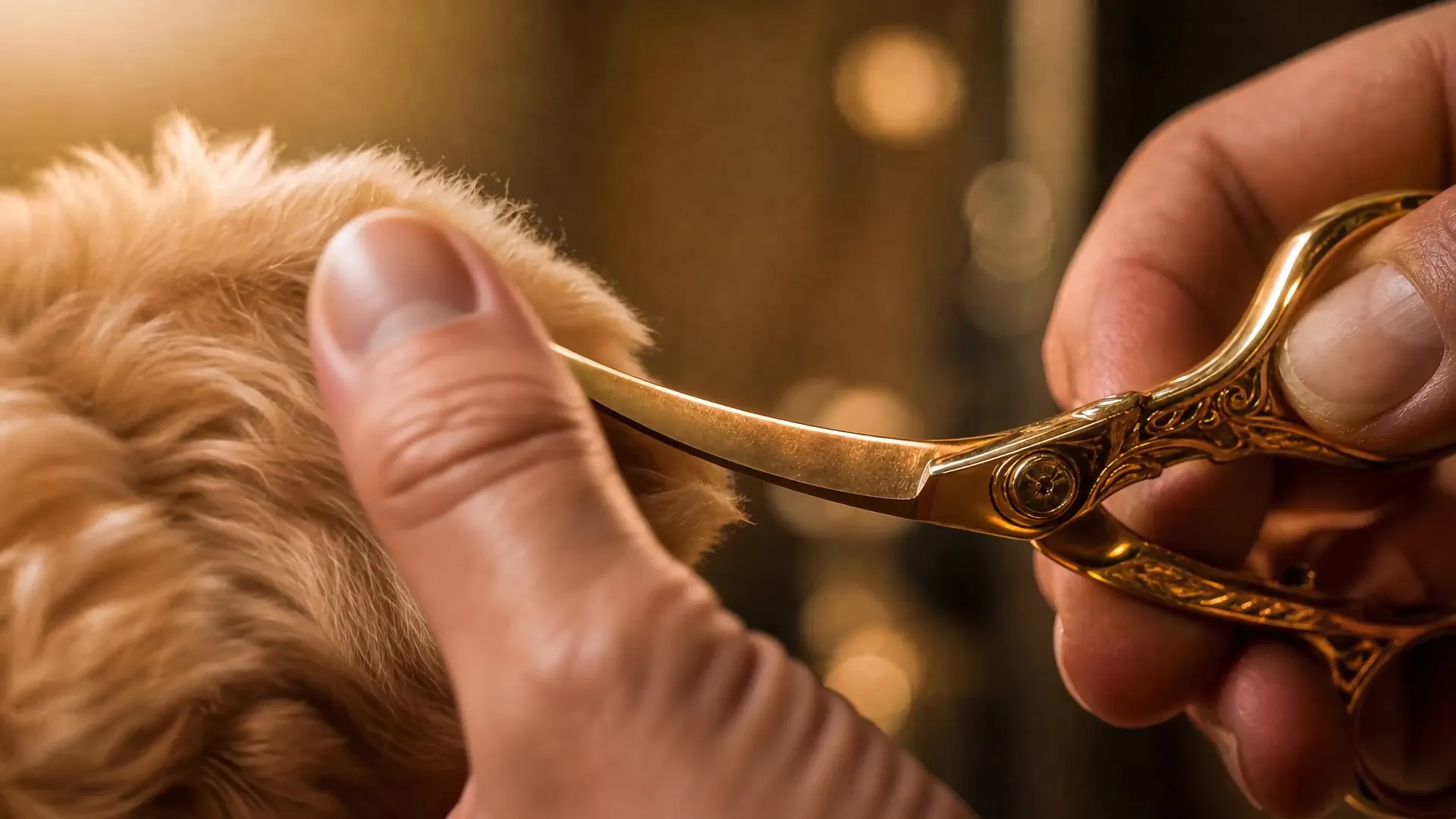 Macro of engraved gold grooming shears against warm bokeh — from The Grooming Boutique brand film