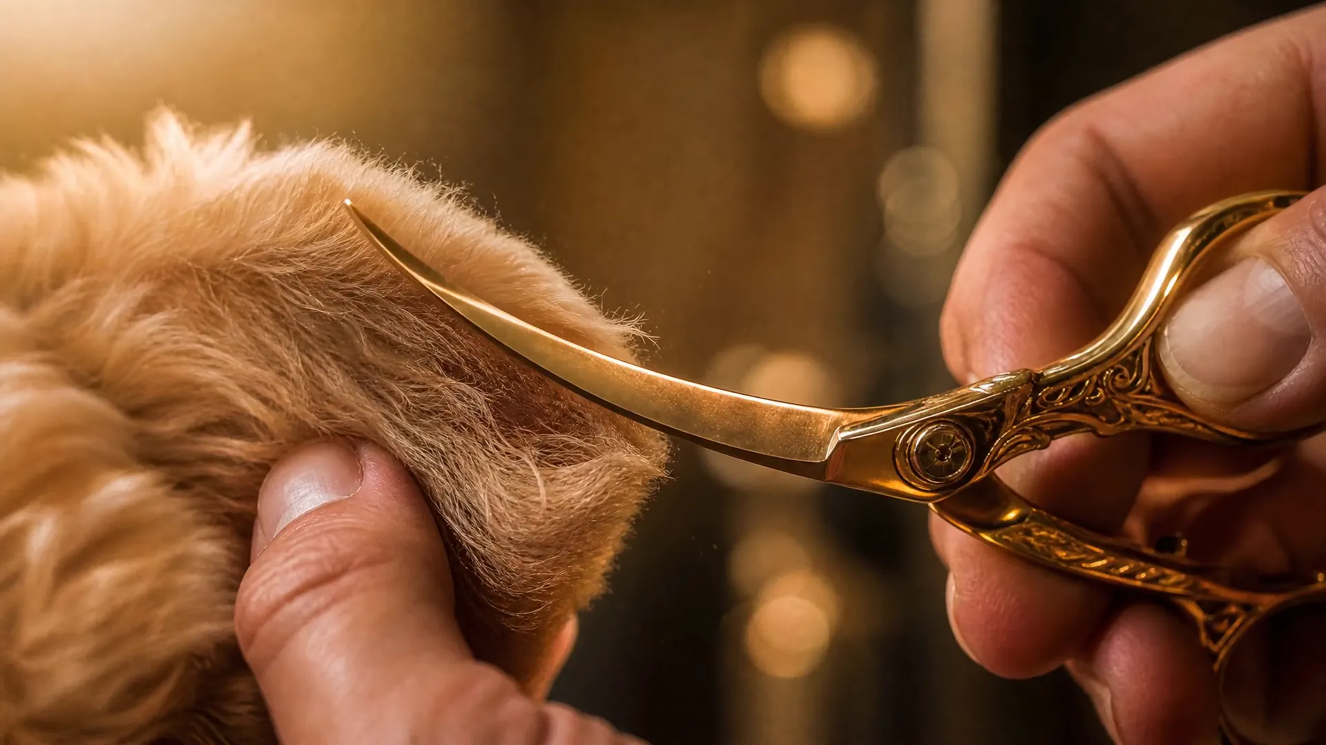 Gold scissors closing on a fluffed apricot ear edge, groomer's fingertips steadying — from The Grooming Boutique brand film