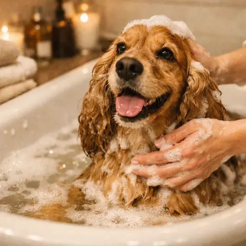 Dog bath and blow dry service in Morganstown Cardiff — premium shampoo and professional drying