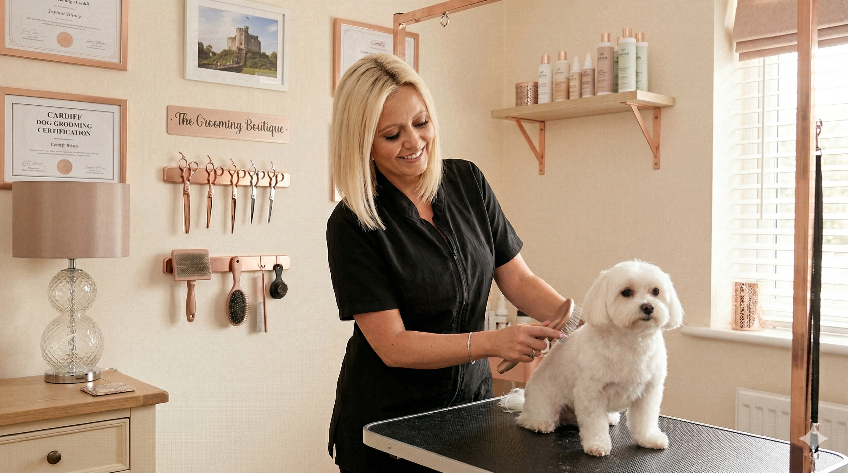 A professional groomer caring for a dog at The Grooming Boutique in Cardiff
