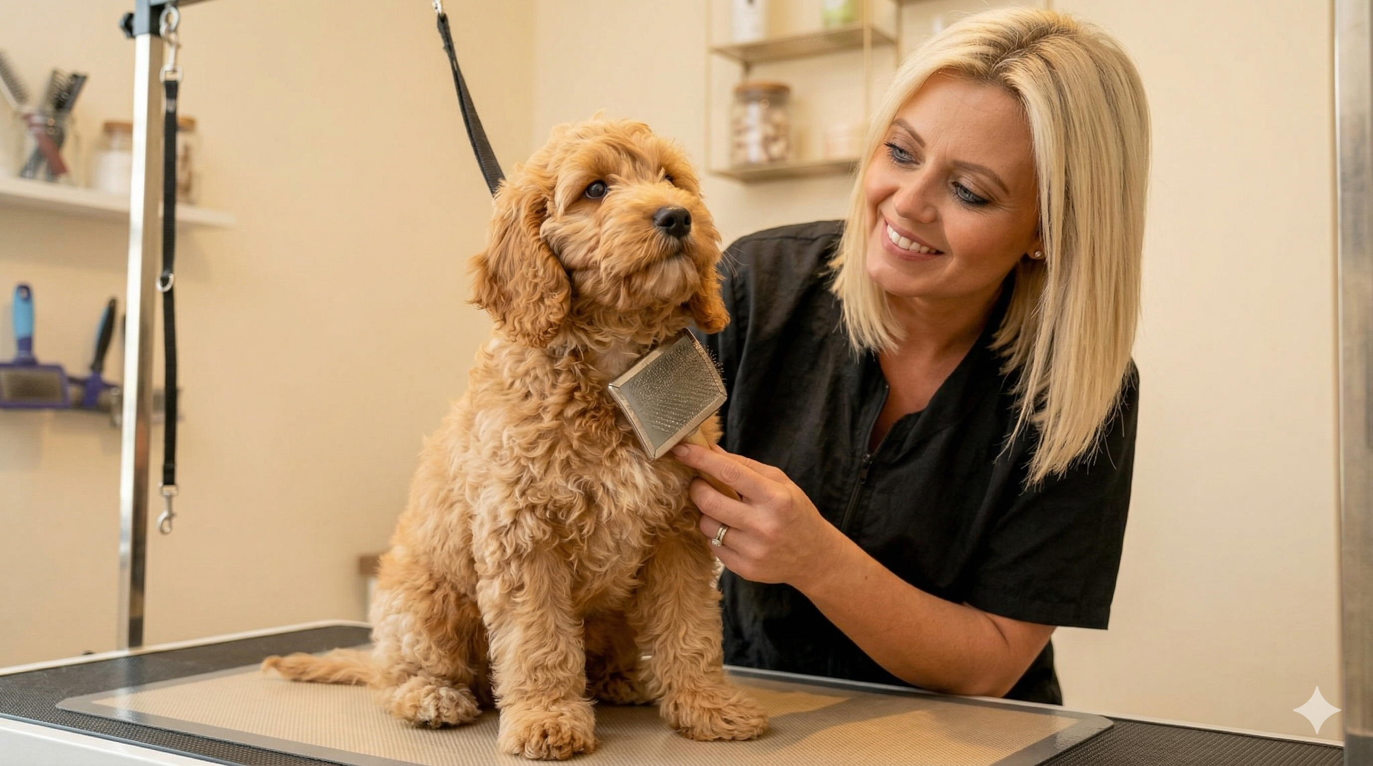 A happy puppy after their first professional grooming session