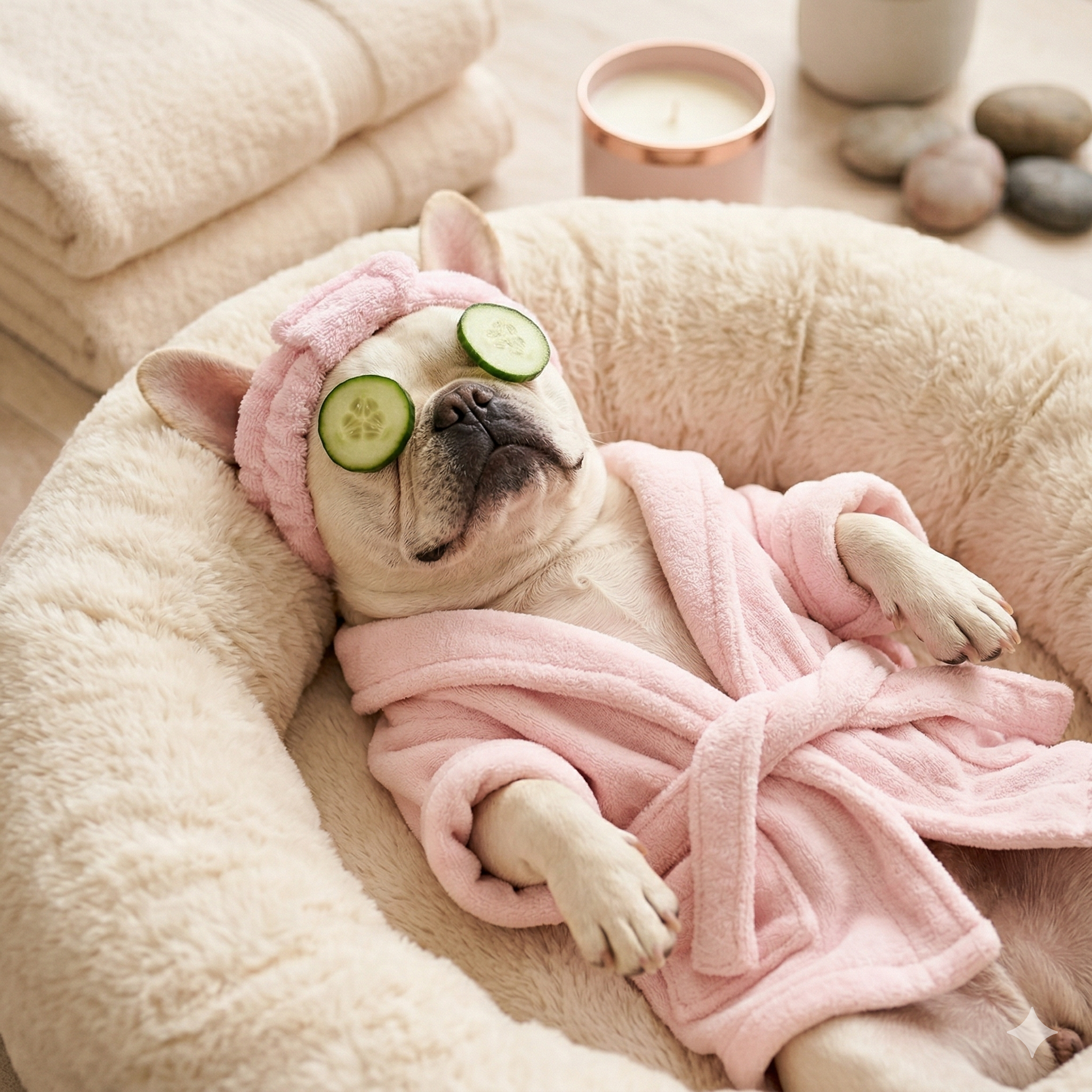 Cockapoo sitting on a pink velvet cushion in The Grooming Boutique salon