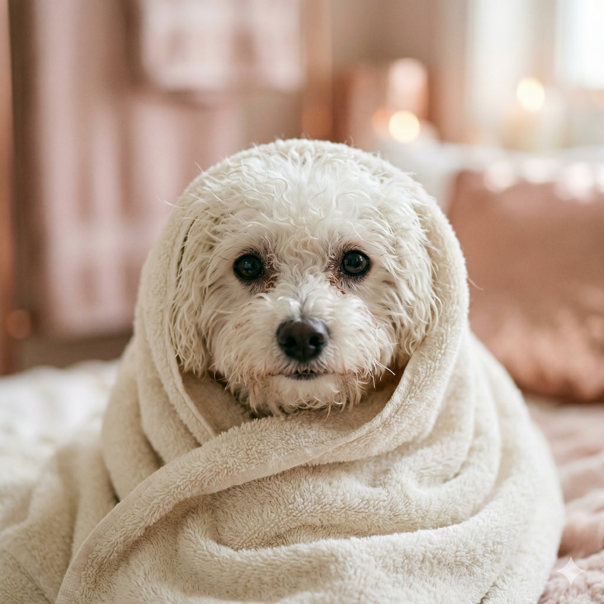Freshly bathed curly-haired dog wrapped in a soft cream towel