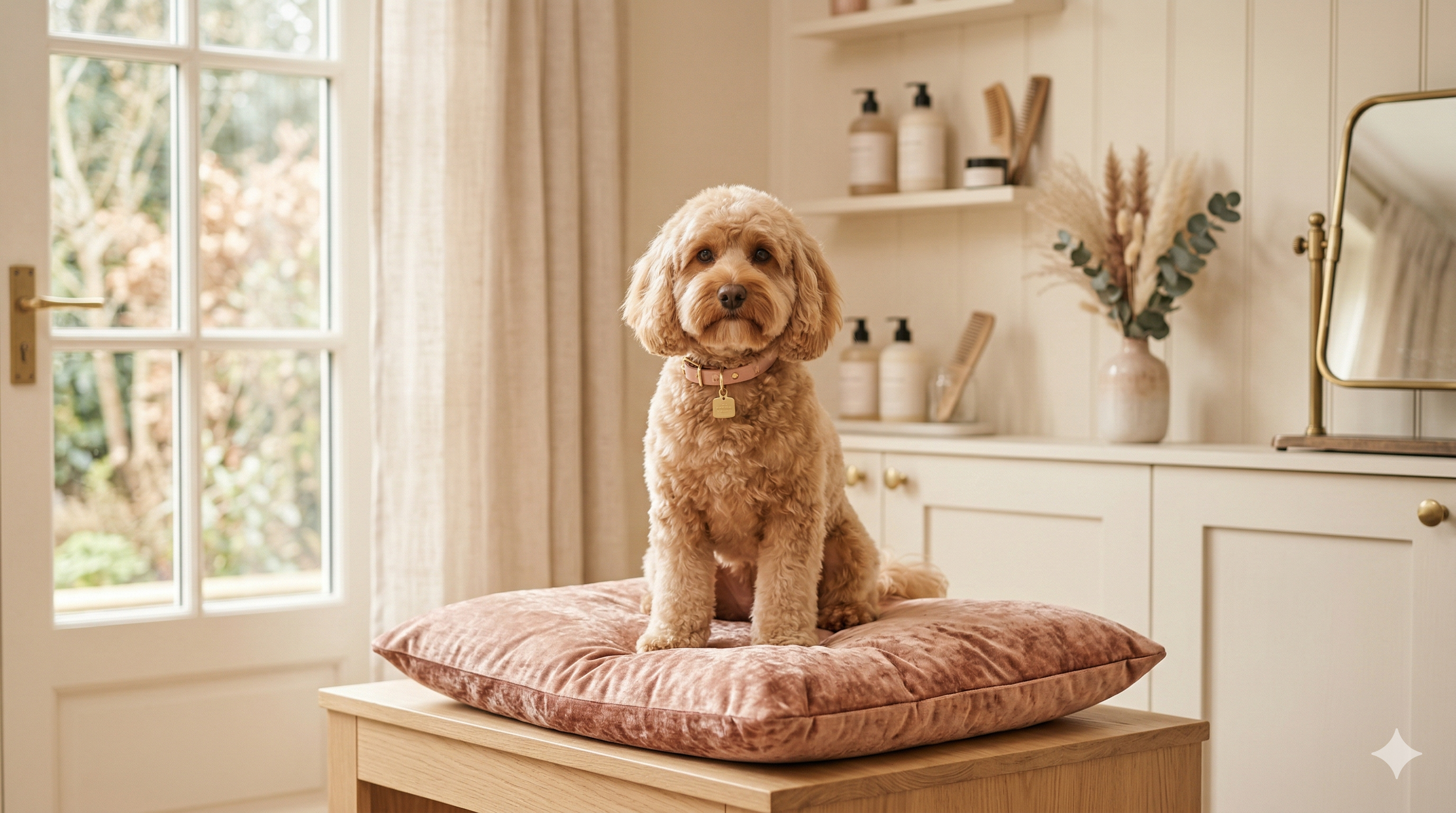 Cavalier King Charles Spaniel sleeping peacefully on a boutique sofa with candles