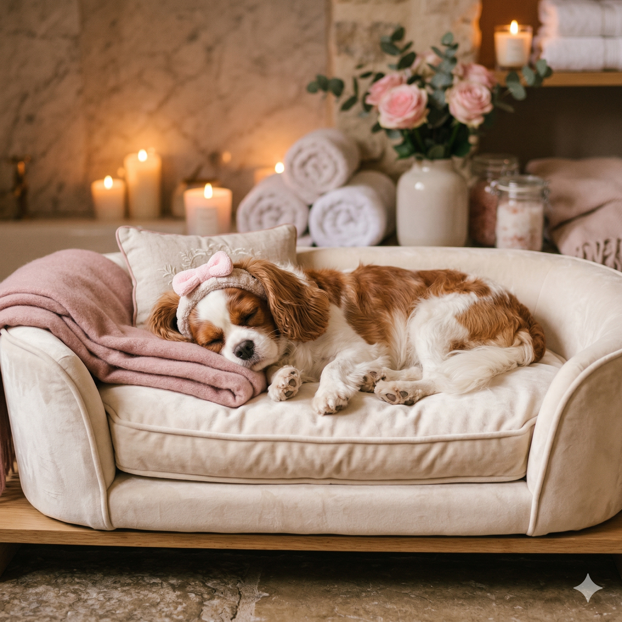 French Bulldog relaxing in a pink spa robe with cucumber eye mask at The Grooming Boutique